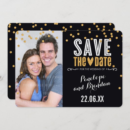 BESPAAR DE DATUM goudglitter confetti bold zwart Save The Date (Voorkant / Achterkant)
