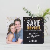 BESPAAR DE DATUM goudglitter confetti bold zwart Save The Date (Staand voorkant)