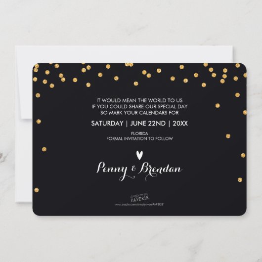 BESPAAR DE DATUM goudglitter confetti bold zwart Save The Date (Achterkant)