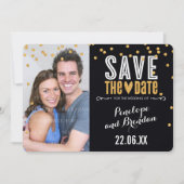 BESPAAR DE DATUM goudglitter confetti bold zwart Save The Date (Voorkant)
