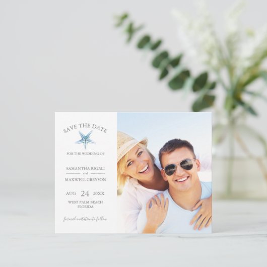 BESPAAR DE DATUM Kaarten, Blue Starfish Beach Wedd Save The Date (Staand voorkant)