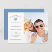 BESPAAR DE DATUM Kaarten, Blue Starfish Beach Wedd Save The Date (Voorkant / Achterkant)