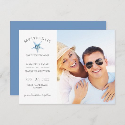 BESPAAR DE DATUM Kaarten, Blue Starfish Beach Wedd Save The Date (Voorkant / Achterkant)