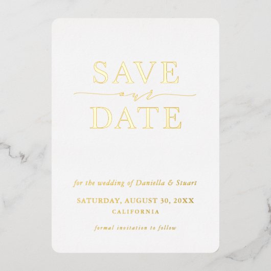 BESPAAR de DATUM moderne elegant minimaal Folie Uitnodiging (Voorkant)