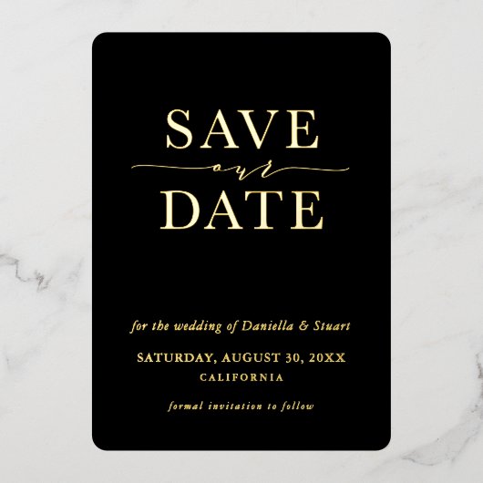 BESPAAR DE DATUM moderne elegant minimaal zwart Folie Uitnodiging (Voorkant)