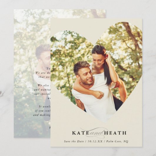 BESPAAR DE DATUM moderne foto-elegant hart ivoor Kaart (Voorkant / Achterkant)