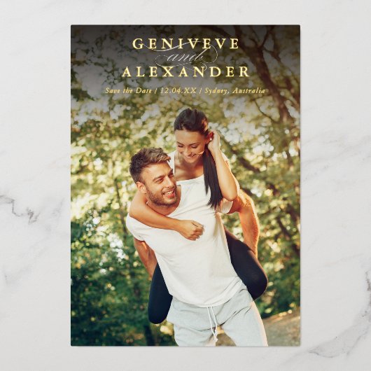 BESPAAR DE DATUM moderne foto-minimalistische bekl Folie Uitnodiging (Voorkant)