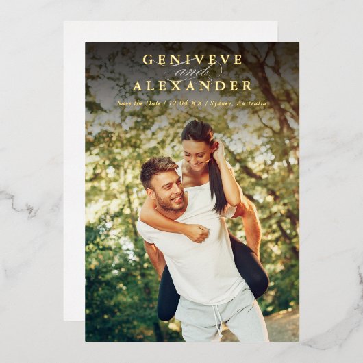 BESPAAR DE DATUM moderne foto-minimalistische bekl Folie Uitnodiging (Voorkant / Achterkant)