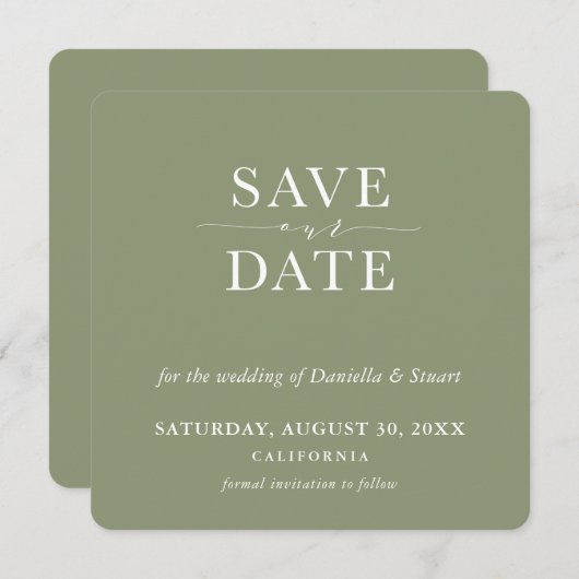 BESPAAR DE DATUM moderne minimale elegante olijfgr Kaart (Voorkant / Achterkant)