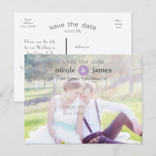 BESPAAR DE DATUM Paarse Typografie Foto Briefkaart (Voorkant / Achterkant)