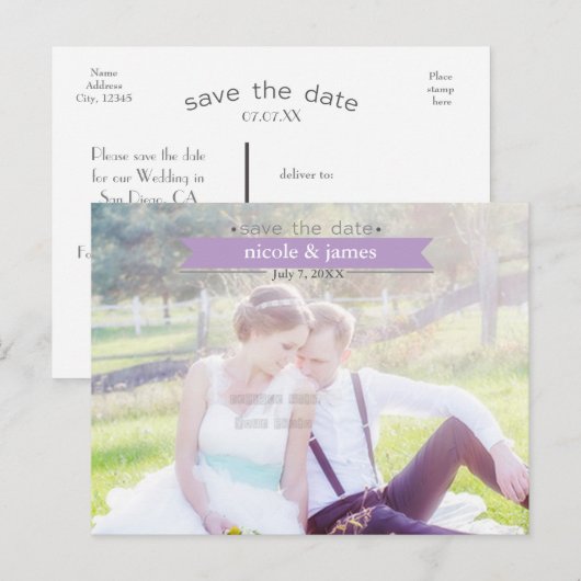 BESPAAR DE DATUM Paarse Typografie Foto Briefkaart (Voorkant / Achterkant)