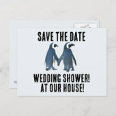 BESPAAR DE DATUM PENGUINES WEDDING SHOWER INVITATI AANKONDIGINGSKAART (Voorkant / Achterkant)
