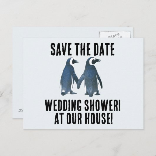 BESPAAR DE DATUM PENGUINES WEDDING SHOWER INVITATI AANKONDIGINGSKAART (Voorkant / Achterkant)