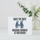 BESPAAR DE DATUM PENGUINES WEDDING SHOWER INVITATI AANKONDIGINGSKAART (Staand voorkant)