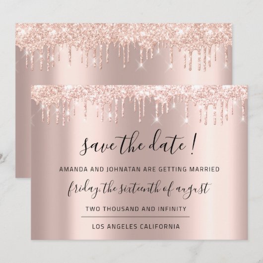 Bespaar de datum waarop het Roos Gold Glitter-drib Save The Date (Voorkant / Achterkant)