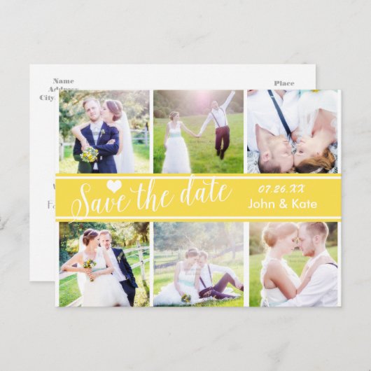 BESPAAR DE DATUM Yellow Weddenschap 6 FOTO-Briefka Aankondigingskaart (Voorkant / Achterkant)