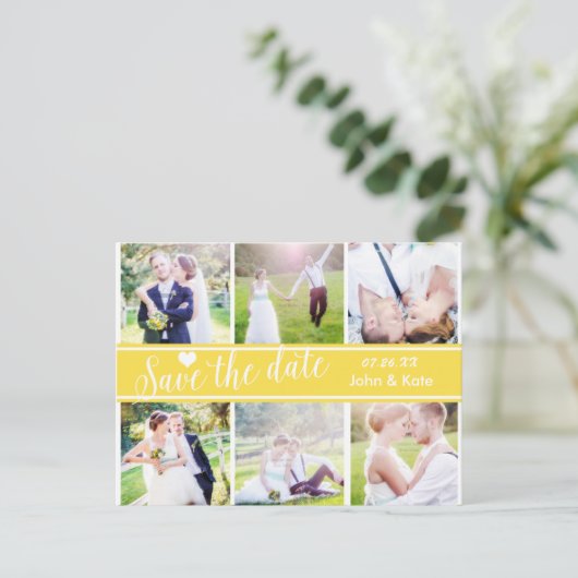 BESPAAR DE DATUM Yellow Weddenschap 6 FOTO-Briefka Aankondigingskaart (Staand voorkant)