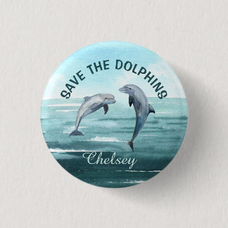 BESPAAR DE DOLPHINS Waterverf Art Jouw naam Oorzaa Ronde Button 3,2 Cm