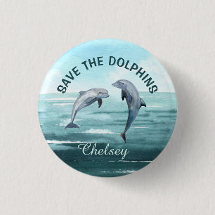 BESPAAR DE DOLPHINS Waterverf Art Jouw naam Ronde Button 3,2 Cm