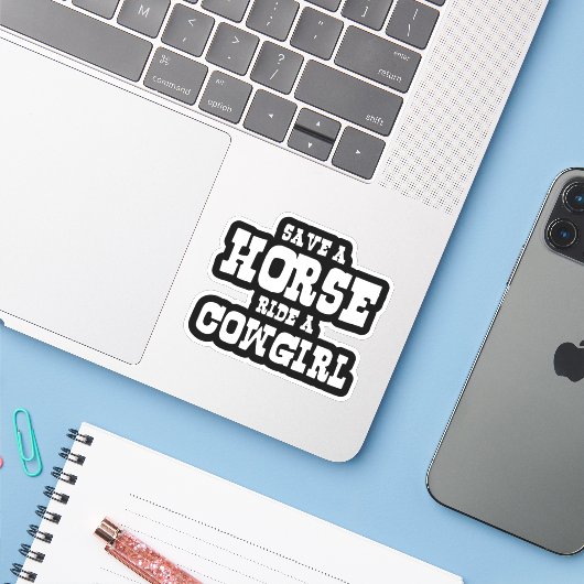 BESPAAR EEN HORSE RIDE EEN COWGIRL STICKER (Laptop met iPhone)