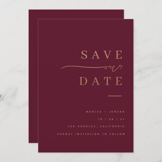 Bespaar onze datumwijnen met rode elegante minimal save the date (Voorkant / Achterkant)