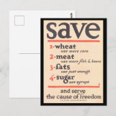 "Bespaar tarwe, vlees, vetten, suiker" Wartime WWI Briefkaart (Voorkant / Achterkant)