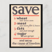 "Bespaar tarwe, vlees, vetten, suiker" Wartime WWI Briefkaart (Voorkant)