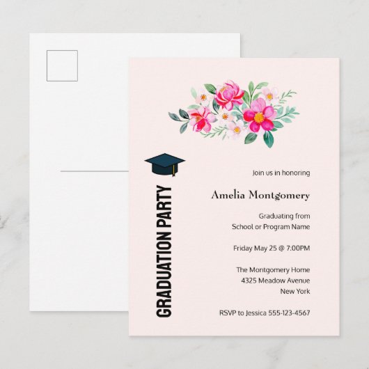 Bespeelde  roze bloemen GraduPartij Uitnodiging Briefkaart (Voorkant / Achterkant)