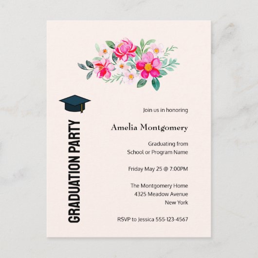 Bespeelde  roze bloemen GraduPartij Uitnodiging Briefkaart (Voorkant)