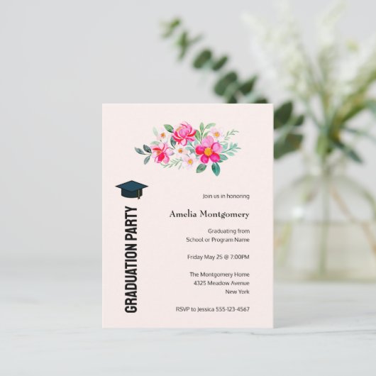 Bespeelde roze bloemen GraduPartij Uitnodiging Briefkaart (Staand voorkant)