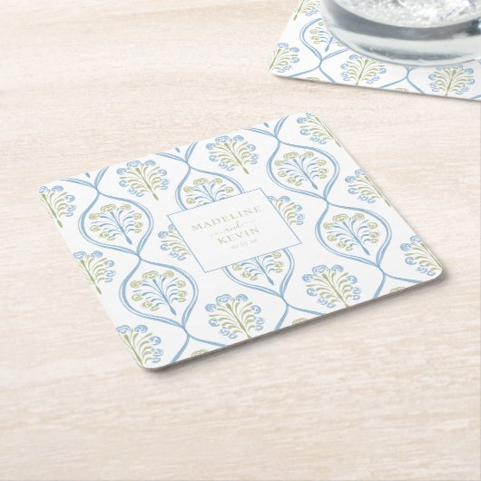 Bespoke Blue and Green Floral Wedding Pattern Kartonnen Onderzetters (Schuin)