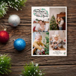 Bessen 4 foto's Vrolijk Kerstfeest Gelukkig Nieuwj Feestdagenkaart<br><div class="desc">Traditionele kerstfotokaart met vrolijk kerstfeest en een gelukkig nieuwjaar met vier foto's van uw familie en groen en rode bessen.</div>
