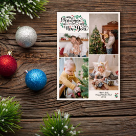 Bessen 4 foto's Vrolijk Kerstfeest Gelukkig Nieuwj Feestdagenkaart