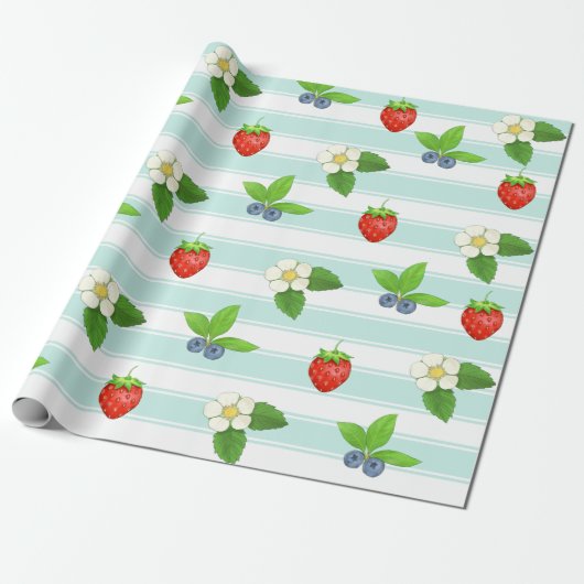 Bessen Aardbeien Blueberry Blauwgroen Classic Stri Cadeaupapier (Uitgerold)