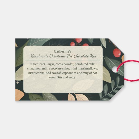 Bessen en Bladeren Kerst Warme Chocolademix Cadeaulabel (Voorkant (Horizontaal))