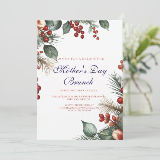Bessen en bladeren Moederdag Brunch uitnodiging (Staand voorkant)