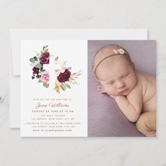 bessen en blozen bloemen doop foto uitnodiging (Voorkant)