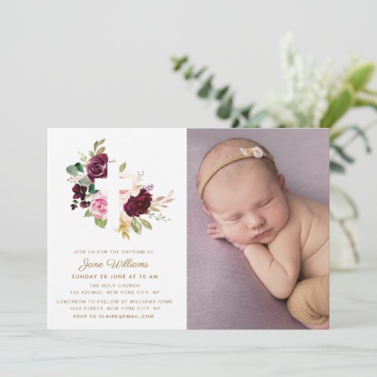 bessen en blozen bloemen doop foto uitnodiging (Staand voorkant)