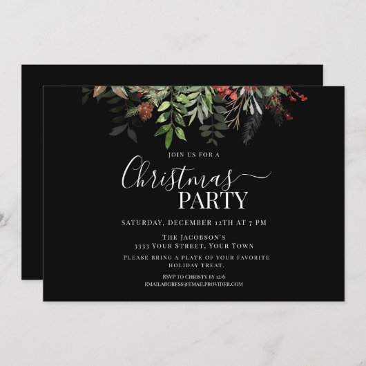 Bessen en groen Bloemen Kerstfeest Zwart Kaart (Voorkant / Achterkant)