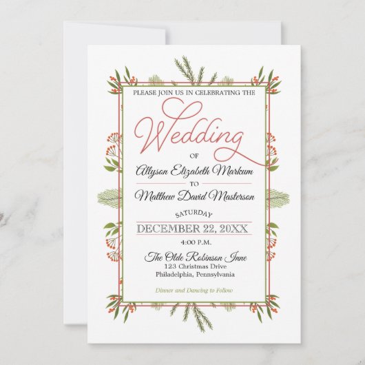 Bessen en Winter Pine Greenery Holiday Wedding Kaart (Voorkant)