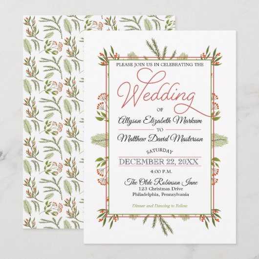 Bessen en Winter Pine Greenery Holiday Wedding Kaart (Voorkant / Achterkant)