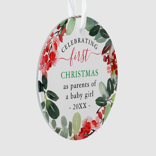 Bessen groen krans eerste Kerstmis als ouders Ornament (voorkant)