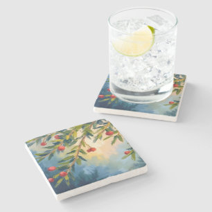 Bessen & Groene planten Prettig Kerstfeest Stenen Onderzetter
