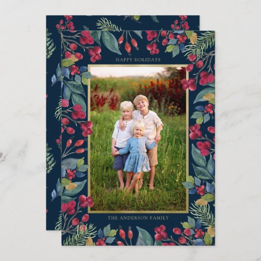 Bessen Pijnboom Goud Folie Foto Kerstmis Feestdagenkaart (Voorkant / Achterkant)