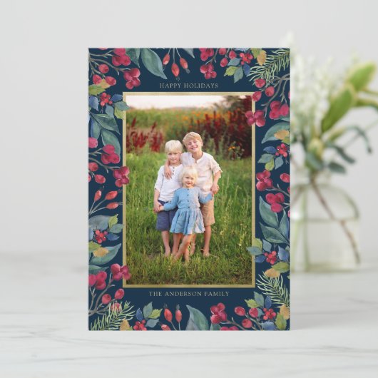 Bessen Pijnboom Goud Folie Foto Kerstmis Feestdagenkaart (Staand voorkant)