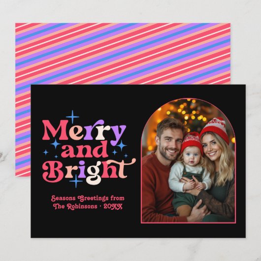 Bessensorbet Moderne Retro Kerst Familie Foto Feestdagenkaart (Voorkant / Achterkant)