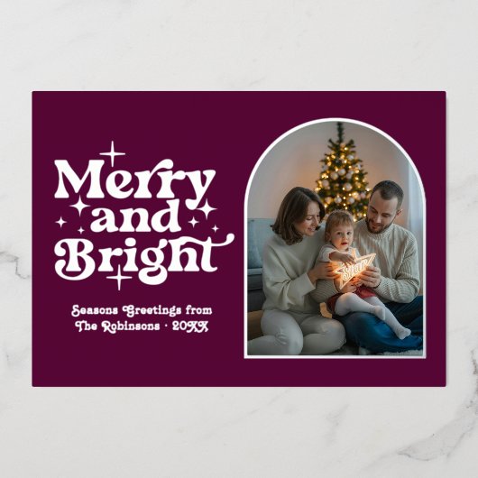 Bessenviolet & Zilver Modern Retro Kerst Foto Folie Feestdagenkaart (Voorkant)