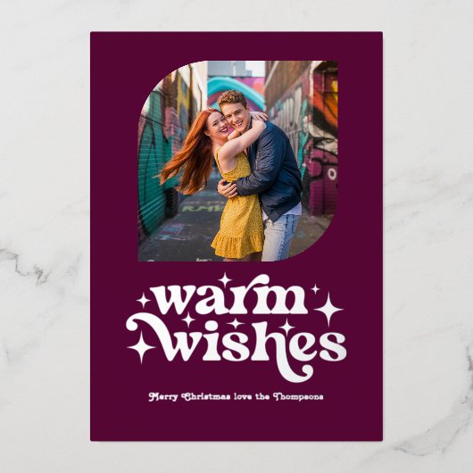 Bessenviolet & Zilver Moderne Retro Kerst Foto Folie Feestdagenkaart (Voorkant)