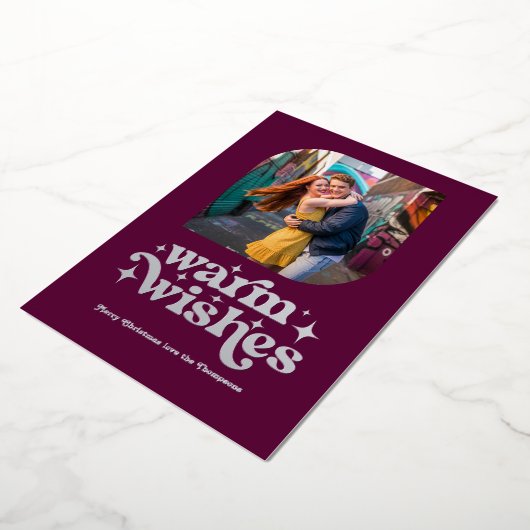 Bessenviolet & Zilver Moderne Retro Kerst Foto Folie Feestdagenkaart (Gedraaid)