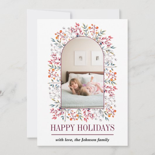 Bessenvormige boog met bladeren bordeauxrode Kerst Feestdagenkaart (Voorkant)